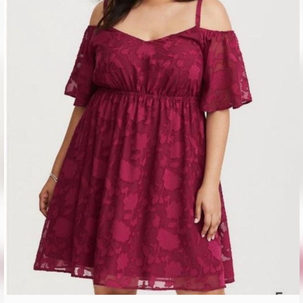 Burgundy cold shoulder burnout dress